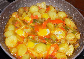 cooking vegetable, dietary stew: zucchini, carrots, bell peppers, eggplants and potatoes. at the end of cooking, chicken egg is added. tasty and healthy food diet