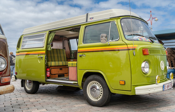 Scheveningen The Hague, The Netherlands, 25.05.2025, Vintage VW kombi in green colour with customized interior at The Aircooled classic car show