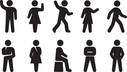 Collection of various human actions and sitting poses in black icons