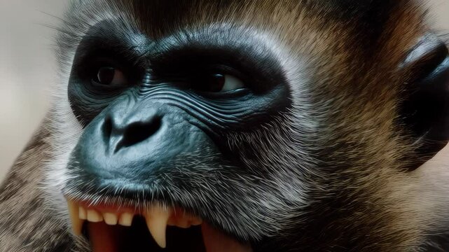 Close-up portrait of a brown monkey showing its teeth with its mouth open. Dramatic wildlife animal with brown fur and black skin around the eyes and mouth.