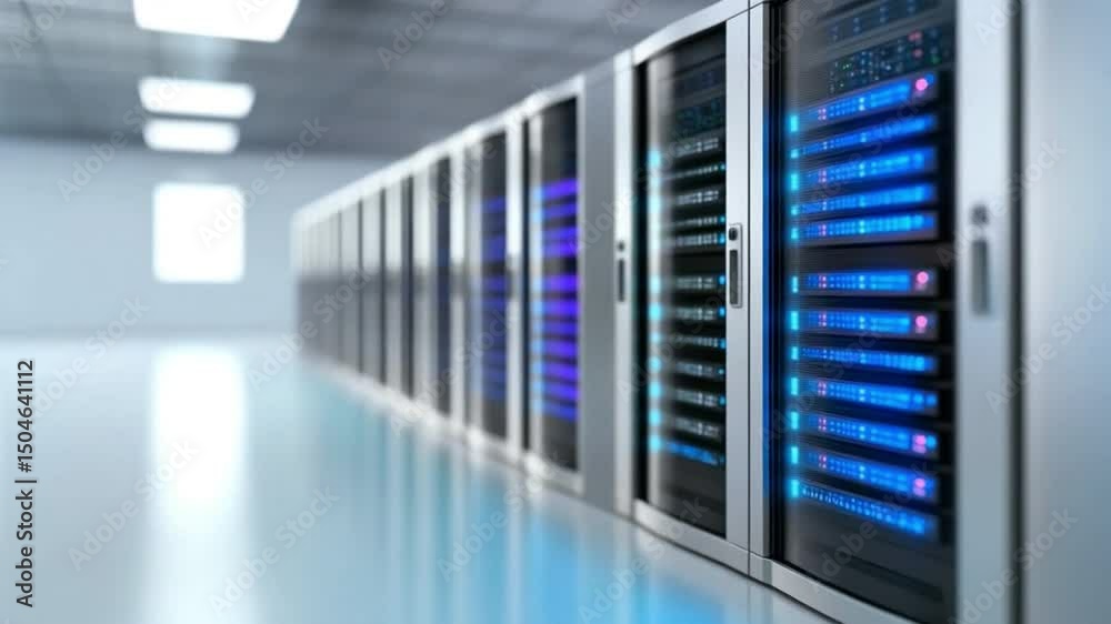 Fototapete Server Room: A futuristic server room with rows of high-tech server racks. A perspective view emphasizes the scale and importance of data storage and processing.