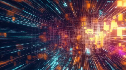 Obraz premium A mesmerizing blend of chaos and beauty—this futuristic cybernetic scene captures the essence of a digital dreamscape in vibrant, glowing detail...