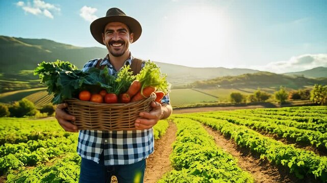 Farmer with Fresh Vegetables - Harvest Season.  A smiling farmer wearing a hat and holding a basket filled with freshly harvested vegetables, including tomatoes, carrots, and leafy greens