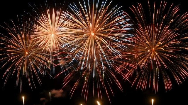 Vibrant Spectacle: A Fiery Symphony of Color and Celebration
The image captures a breathtaking display of fireworks lighting up the night sky, creating a dazzling and festive scene. The fireworks burs