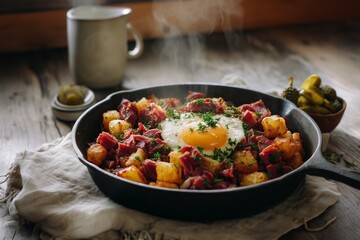 Corned Beef Hash with Sunny-Side Egg in Rustic Skillet and Farmhouse Setting