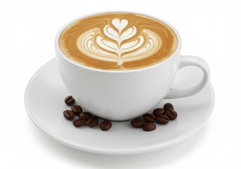 A white cup of coffee with latte art on a saucer with coffee beans isolated on a white background