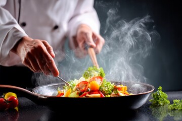 A skilled chef is focused on crafting a vibrant vegetable stir-fry, tossing fresh ingredients in a sizzling pan, with steam billowing as the dish comes together during a busy dinner shift