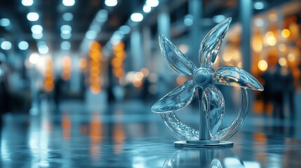 Close up of a decorative glass sculpture with an abstract floral design in a bright environment