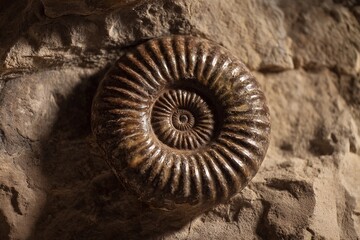 An intricately patterned ammonite fossil is embedded in a rocky formation, revealing its spiral shape and textured surface, suggesting an ancient marine ecosystem