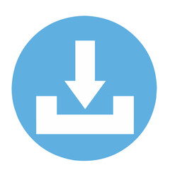 A blue circle color simple download or install icon in the form of a white downward arrow and a white line as a sign that the file or document has been downloaded.
