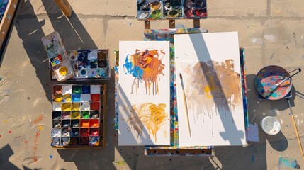 Fototapeta premium Artistic workspace with colorful paints and canvas evoking creativity and inspiration