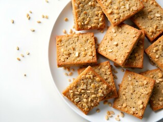 Vegan gluten free paleo flaxseed crackers. Space for text, top view.