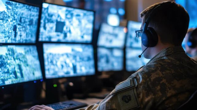 Soldier monitoring multiple video screens in a control room. The soldier is focused on the screens, possibly tracking military activity or security threats.