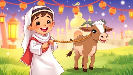 Vector Illustration of Muslim Boy Pulling Sacrificial Animal with Cheerful Atmosphere