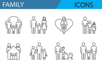 A collection of family-themed icons for use in digital and print content, featuring parents, children, and love symbols.