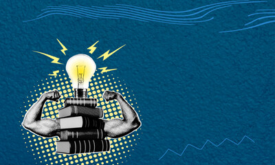 Light bulb and books with muscles as a metaphor for a new idea. Trendy collage of contemporary art.