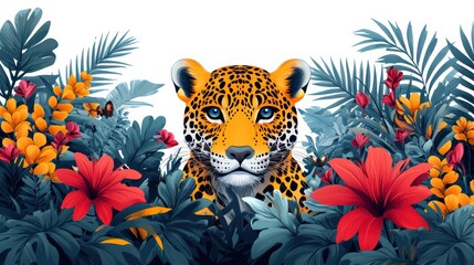 Vibrant leopard among tropical foliage and flowers