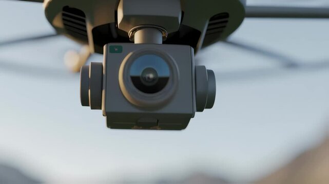 Modern unmanned hexacopter drone approaching and focusing its high tech camera over a target area in a mountain valley during a surveillance mission