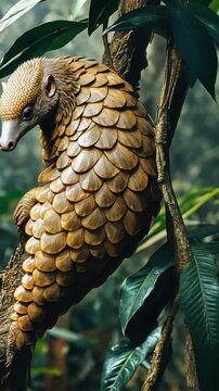 Sunda pangolin climbing thick rainforest vine. Vertical