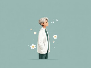 Young man with silver hair wearing a white lab coat stands confidently, surrounded by delicate flowers, embodying a sense of calm and creativity in a minimalist illustration style