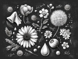 Detailed monochrome illustration featuring various flowers, pollen grains, and natural elements, showcasing the beauty of nature and potential allergens in a visually striking composition