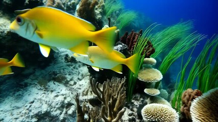 Underwater scenery shows group of yellow fish swimming through coral reefs in clear blue ocean water, vibrant marine life in natural habitat - Powered by Adobe