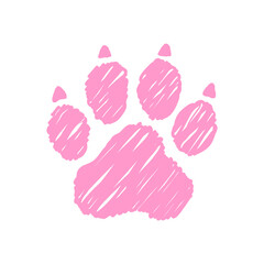 Pink scribbled paw print illustration on white background symbolizing pet care, animal tracks