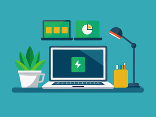 Minimalist flat style image of office desk featuring laptop full battery and stationery items