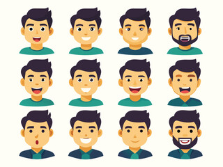 Flat design set of expressive male avatars with various hairstyles facial features and emotions