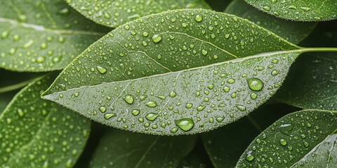 Close-up view of vibrant green leaf adorned with glistening water droplets, capturing the beauty of nature's intricate details background