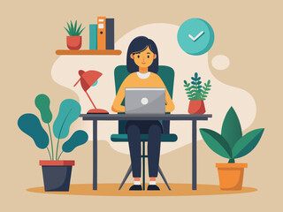 Creative flat style illustration of burnout and energy concept with young woman at desk