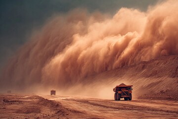 Fototapeta premium In a mining area, large trucks traverse a dirt road as a massive dust storm engulfs the surroundings. Visibility drops while clouds of dust rise ominously into the sky