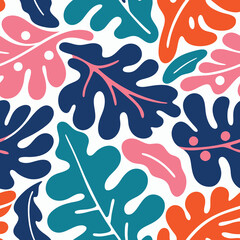 Colorful abstract foliage pattern featuring stylized leaves in vibrant shades on white background