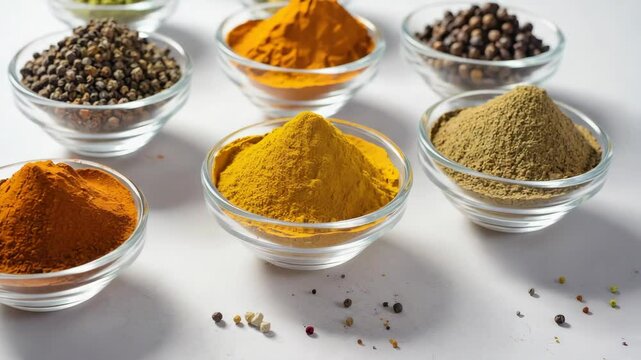 Variety of spices and seasonings in glass jars.