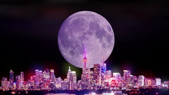 Large moon over Toronto downtown in Ontario, Canada artistic collage time lapse. Special effects of night North American cityscape lights flickering with halation. Huge Full Moon over city. Nightlife.