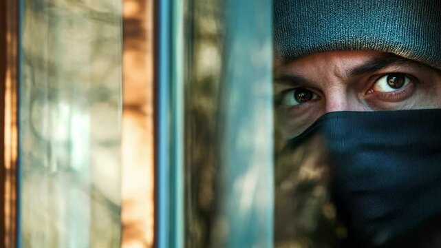 A man wearing a black hat and a scarf is looking out of a window. He has a beard and a beard comb