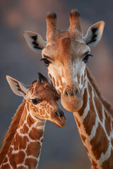 A tender moment Mother giraffe and calf bathed in warm sunlight.