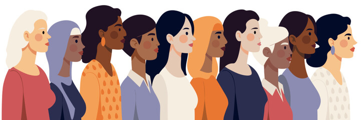 Banner with female portraits of different nationalities and ages. Side view of multi-ethnic women group