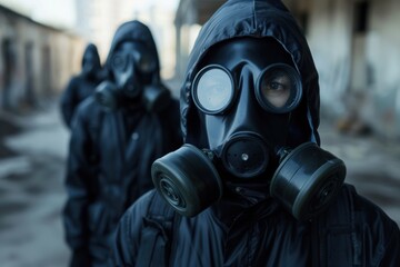 Masked figures navigate a desolate urban landscape, embodying resilience amidst uncertainty in a dystopian world