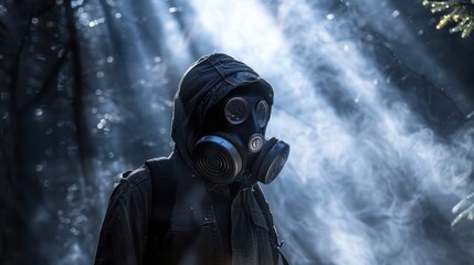 Mysterious figure in gas mask wanders through an ethereal forest illuminated by dramatic rays of light