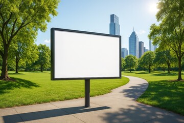 Fototapeta premium Billboard in business park with skyscraper backdrop