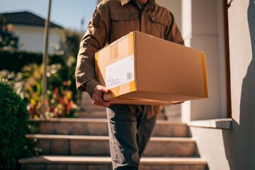 A delivery person is seen walking up the steps of a residence while holding a large cardboard package. The sun is shining, creating a bright atmosphere in the neighborhood