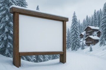 Billboard at snowy ski resort entrance