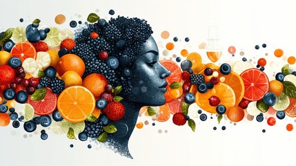 Artistic representation of a woman?s profile intertwined with vibrant fruits and foliage