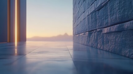 Fototapeta premium Modern Minimalist Architecture Sunset Scene Stone Wall Floor