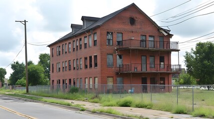 Fototapeta premium Abandoned Brick Building, Urban Decay, Old Apartment, Run-Down House, Overgrown Lot, Weathered Facade, Broken Windows, Cityscape, Derelict Structure, Desolate Scene