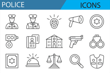 Simple icons representing various police tools and equipment like siren, gun, and police officer uniform.