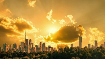 City skyline with with hot cinematic sun set, downtown cityscape with large sun disk sunset light. Artistic effects shimmering air and mist. Epic hot summer sky after rain. Heat wave alert warning. - Powered by Adobe
