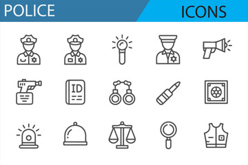 A collection of icons showcasing law enforcement essentials such as badges, weapons, and police vehicles.