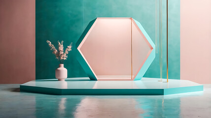 Geometric Podium with Pastel Colors and Floral Arrangement for Product Display or Presentation